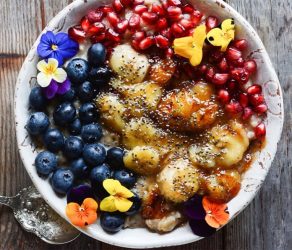 Caramelized Banana Oatmeal with Pomegranate and Blueberries