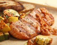 Grilled Salmon & Zucchini with Red Pepper Sauce