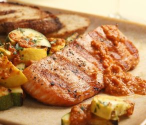 Grilled Salmon & Zucchini with Red Pepper Sauce