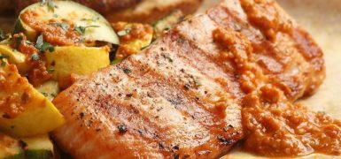 Grilled Salmon & Zucchini with Red Pepper Sauce