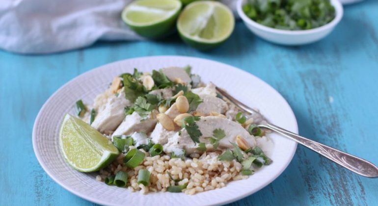 Poached Coconut Chicken with Brown Rice