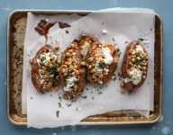 Slow Roasted Sweet Potatoes with Spicy Garlic Chickpeas and Blue Cheese Sauce