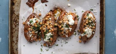 Slow Roasted Sweet Potatoes with Spicy Garlic Chickpeas and Blue Cheese Sauce