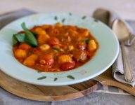 Baked gnocchi meatball and mozzarella bake