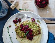 Pistachio Crusted Lamb Chops with Red Wine Cherries