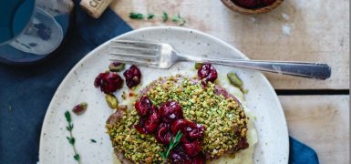 Pistachio Crusted Lamb Chops with Red Wine Cherries