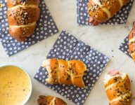 Pretzel Dogs with a Whole Grain Mustard Cheese Sauce