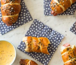 Pretzel Dogs with a Whole Grain Mustard Cheese Sauce