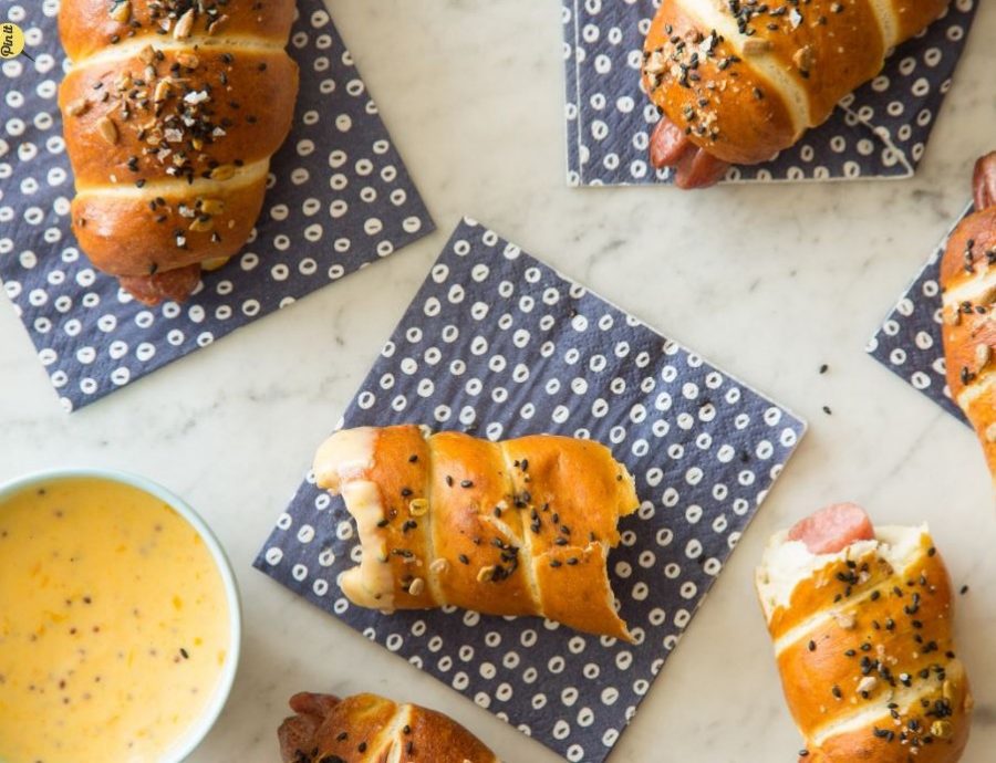Pretzel Dogs with a Whole Grain Mustard Cheese Sauce Salt and Sugar