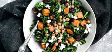 Kale Salad with Roasted Sweet Potato, Dried Cherries, Feta & Pepitas