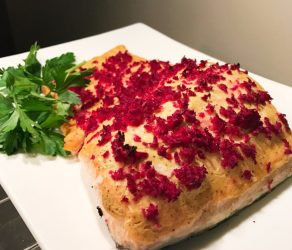 Roasted Salmon with Dijon Mustard and Beet Horseradish