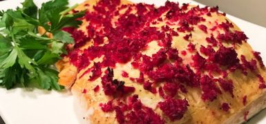 Roasted Salmon with Dijon Mustard and Beet Horseradish